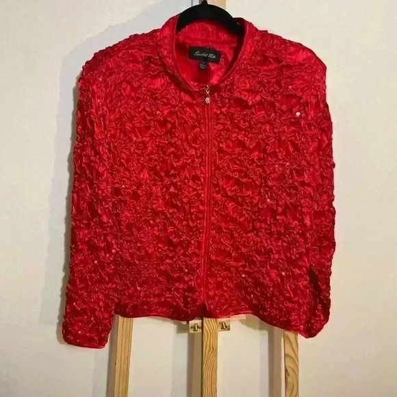 Scarlett Nite vintage 80’s red satin look sequined zip-up jacket 1X - Picture 1 of 8